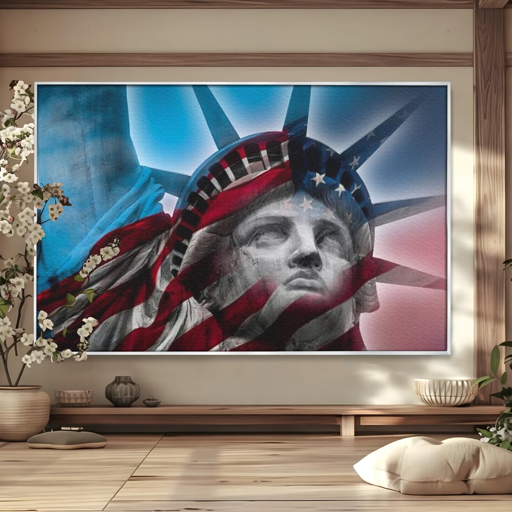 Tablou canvas cu statuia libertatii suprapusa cu steagul american, in rama de aluminiu argintiu